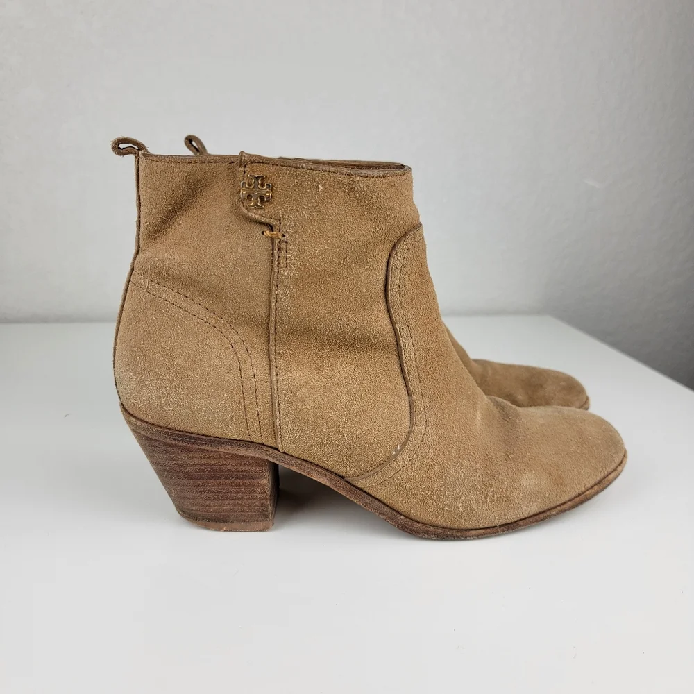 Tory Burch Suede Leather Side Zip Booties Congac Brown 9